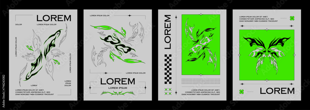 Poster design template in y2k style with neo tribal abstract shapes with sharp edges and typography. Vector banner layout set with gothic decoration elements and text. Cover in 90s and 00s aesthetic.