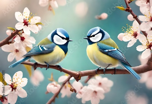 blue tits on cherry tree branch in spring garden, nature background with little birds