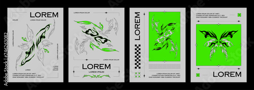 Poster design template in y2k style with neo tribal abstract shapes with sharp edges and typography. Vector banner layout set with gothic decoration elements and text. Cover in 90s and 00s aesthetic.