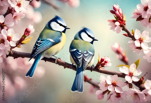 blue tits on cherry tree branch in spring garden, nature background with little birds © Ghulam