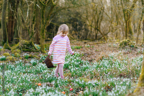 Little girl in pink dress making egg hunt in spring forest on sunny day, outdoors. Cute happy child with lots of snowdrop flowers and colored eggs. Springtime, christian holiday concept.