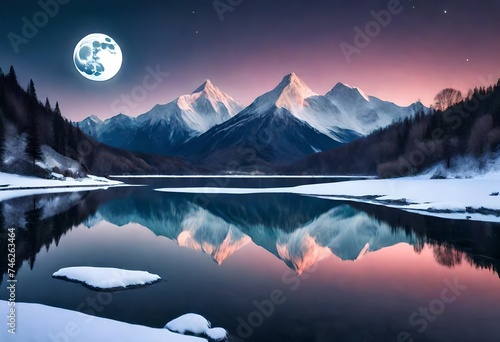 reflection of snowy mountain on body of water under full-moon wallpaper #746263464