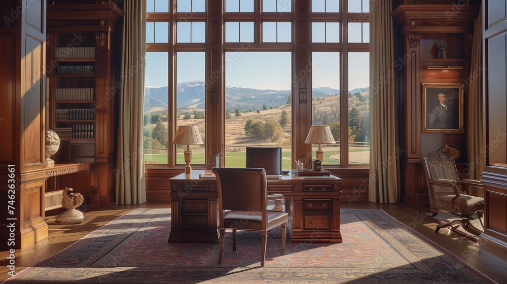 A serene study with rich wood paneling, a stately desk, and floor-to-ceiling windows offering views of rolling hills and distant mountains. A serene study with rich wood paneling, a stately desk, and floor-to-ceiling windows offering views of rolling hills and distant mountains.