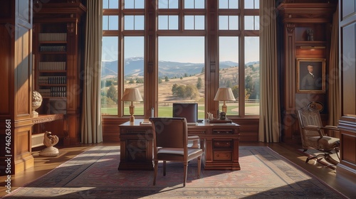 A serene study with rich wood paneling  a stately desk  and floor-to-ceiling windows offering views of rolling hills and distant mountains.