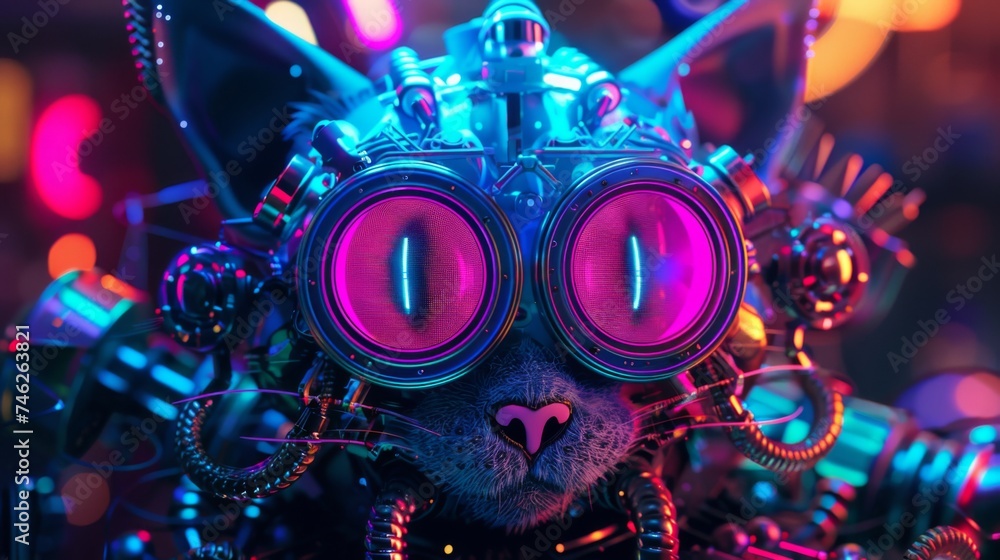 Close-up of a neon punk cat engineering in 3D, surrounded by darkness and vibrant hues