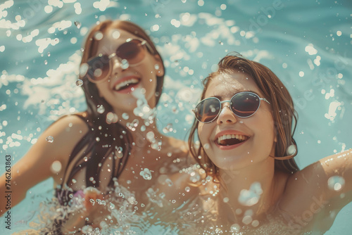 Joyful women Splashing Water in Pool with Sunglasses, summer vacation concept