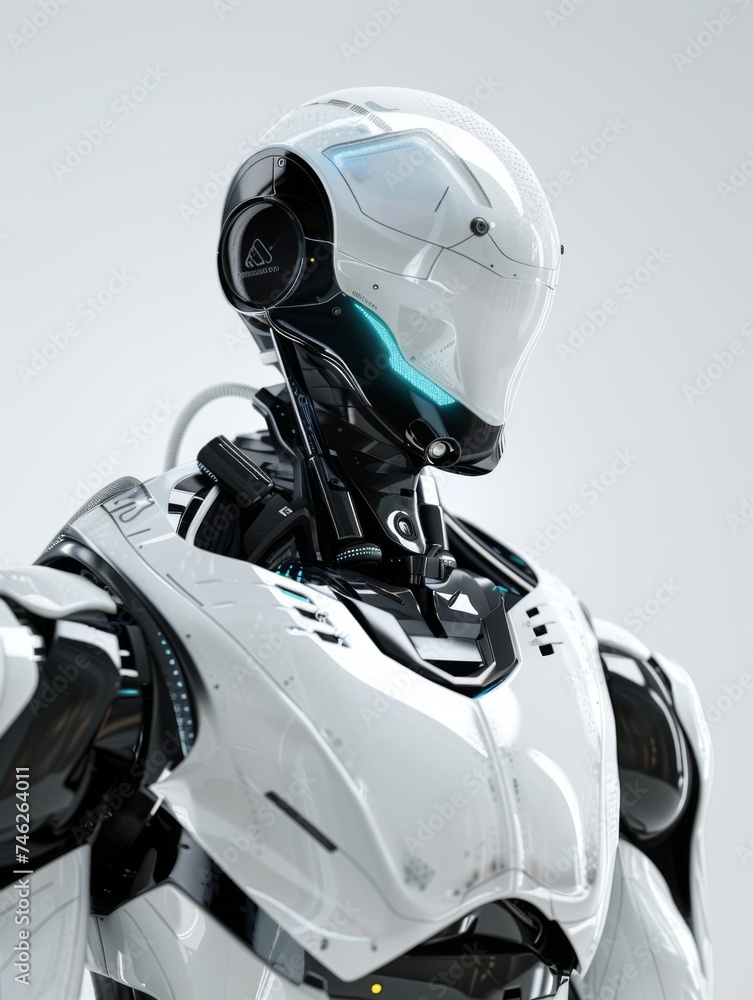 Elegant robot portrait, equipped with cleaning gear, showcasing a futuristic business concept Elegant robot portrait, equipped with cleaning gear, showcasing a futuristic business concept