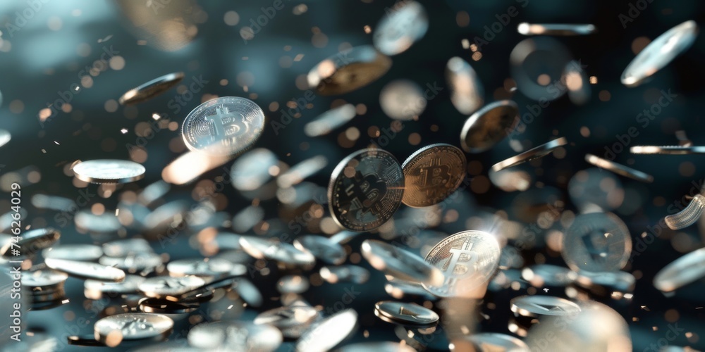 Futuristic 3D visualization of coins scattering, representing technological impact on business
