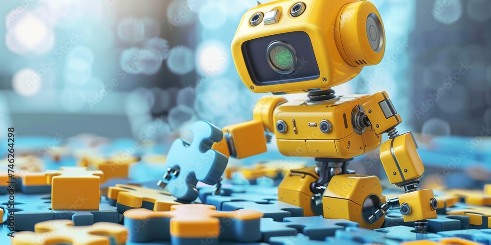 3D robot assembling a technology puzzle, symbolizing complex business solutions 3D robot assembling a technology puzzle, symbolizing complex business solutions