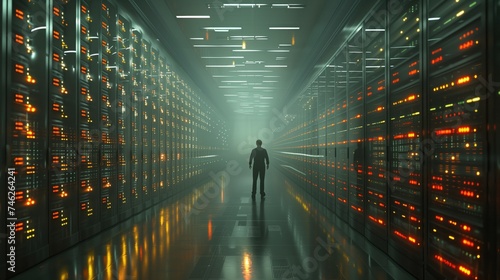 Data Center Management: filled with rows of towering server racks, each containing multiple motherboards interconnected to form a massive electronic brain that processes