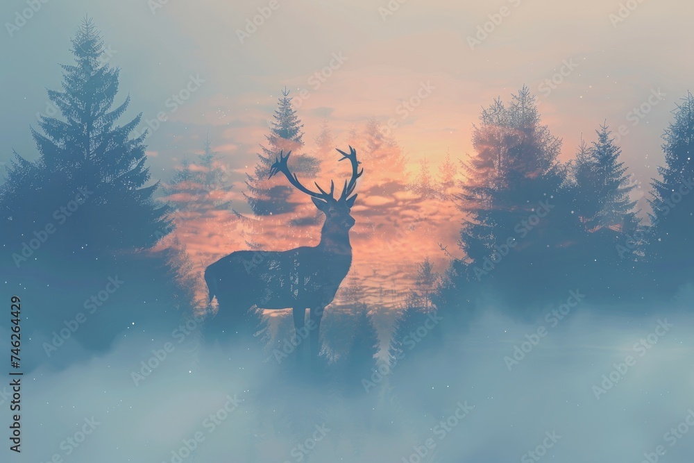 Naklejka premium A serene deer overlaid with the soft glow of a misty forest in a double exposure