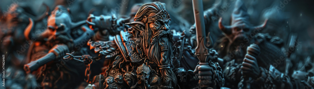 A dark, mystical close-up of 3D elves, wizards, and dwarves on their epic quests