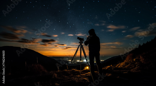 star gazing night sky observation - astrophotography - astronomy night sightseeing - Astronomical Telescope club illustration