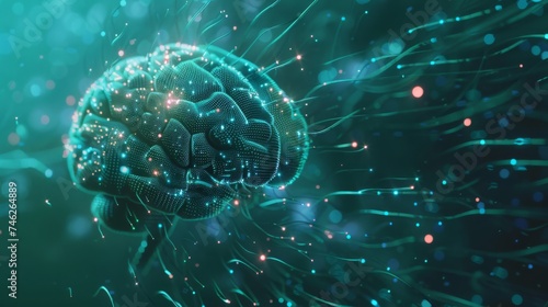 Artificial intelligence concept, digital brain in technology data stream, vivid details photo