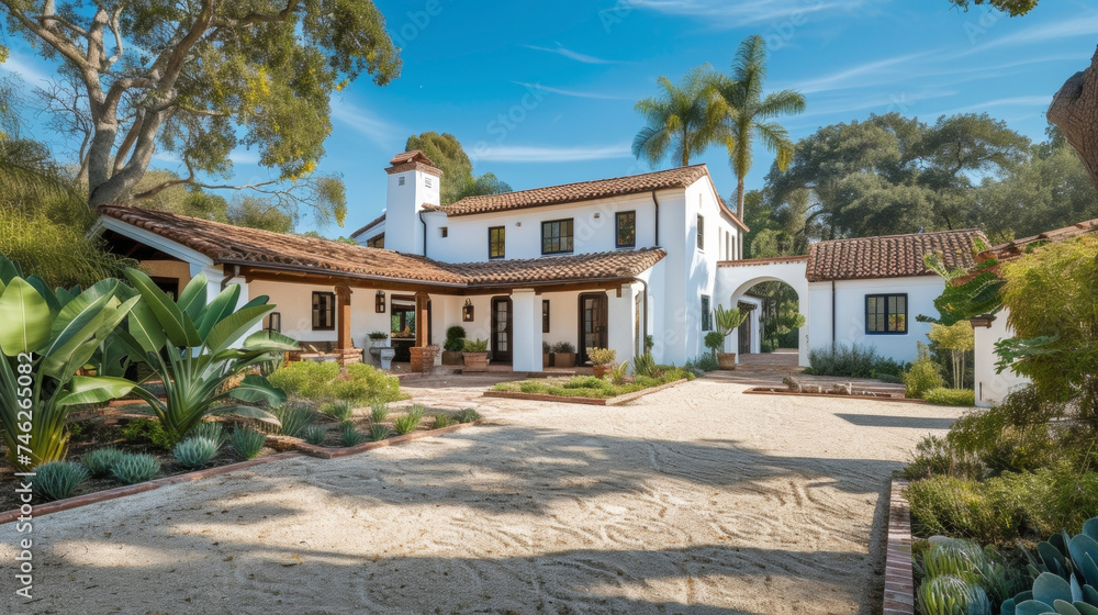 Nestled in a lush sundrenched landscape this Spanish Colonial Ranch exudes a relaxed elegance with its whitewashed walls terracotta roof and expansive courtyard.