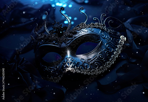 Dark masquerade mask to be worn by a person.