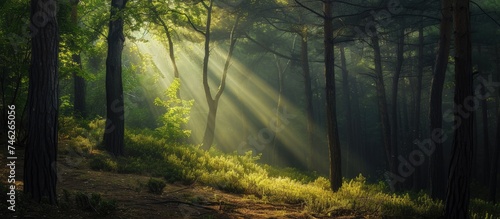 This daytime photo captures a natural spotlight effect as sunlight shines on a group of trees in a local forest filled with vibrant green foliage.