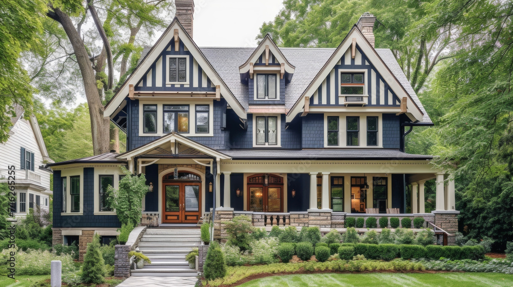 This historic home maintains its traditional charm while incorporating a modern twist through color blocking with muted grays and deep blues highlighting its clic architecture.