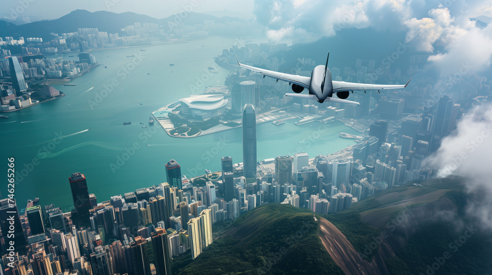 Naklejka premium Airplane is flying over city skyline with beautiful landscape.
