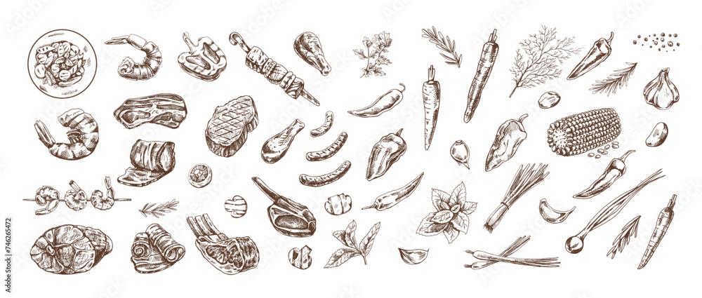 Set of hand-drawn sketches of barbecue and picnic elements, meat. For the design of the menu of restaurants and cafes, grilled food. Doodle vintage illustration. Engraved image. Set of hand-drawn sketches of barbecue and picnic elements, meat. For the design of the menu of restaurants and cafes, grilled food. Doodle vintage illustration. Engraved image.