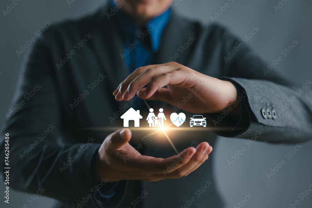 Businessman with protective gesture and car, family, life and health insurance icons. Insurance concept. - obrazy, fototapety, plakaty 