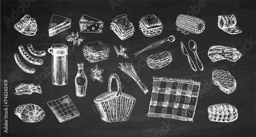 A set of hand-drawn sketches of barbecue and picnic elements on chalkboard background. For the design of the menu, grilled food, meat. Doodle vintage illustration. Engraved image..