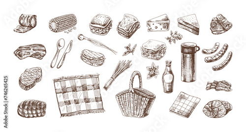 A set of hand-drawn sketches of barbecue and picnic elements. For the design of the menu of restaurants and cafes, grilled food, meat. Doodle vintage illustration. Engraved image..