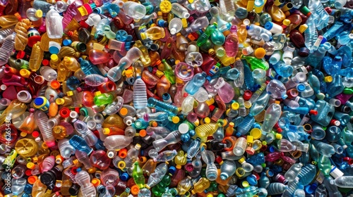 A macro image of a small mountain of empty plastic bottles highlighting the volume of packaging waste created by the beauty industry.