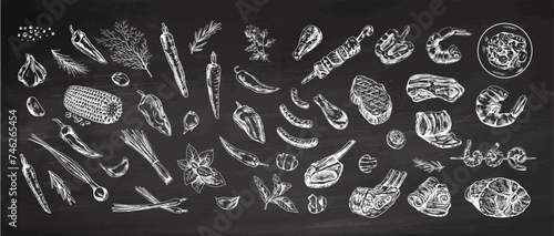 Set of hand-drawn sketches of barbecue and picnic elements, meat on chalkboard background. For the design of the menu, grilled food. Doodle vintage illustration. Engraved image.