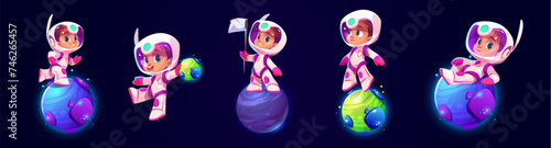 Cute kid boy astronaut in suit with helmet flying and playing on little alien planets in outer space. Cartoon vector illustration set of happy little child spaceman exploring satellite objects.