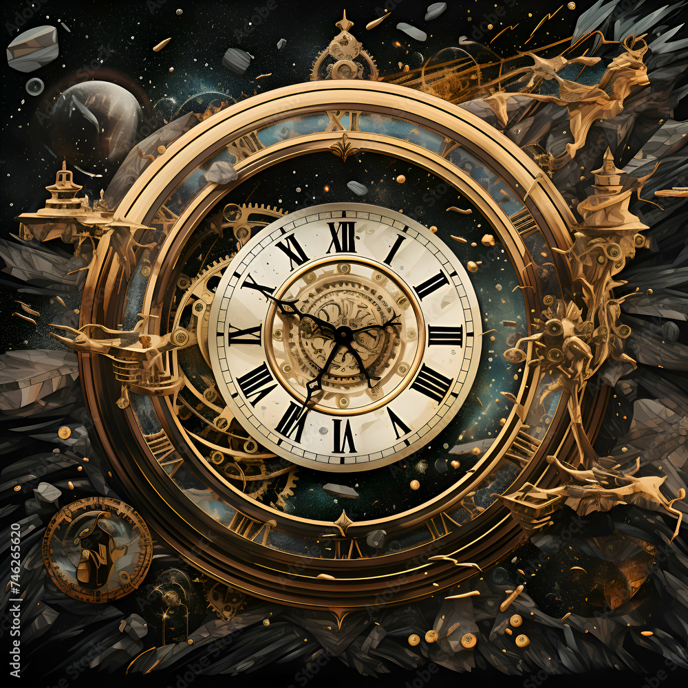 Vintage background with antique clock and stars.  3d  rendering.