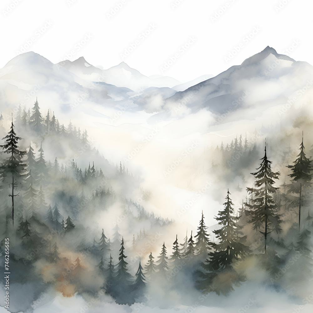 Foggy mountains landscape with coniferous forest. Digital painting.