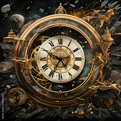 Vintage background with antique clock and stars. 3d rendering.