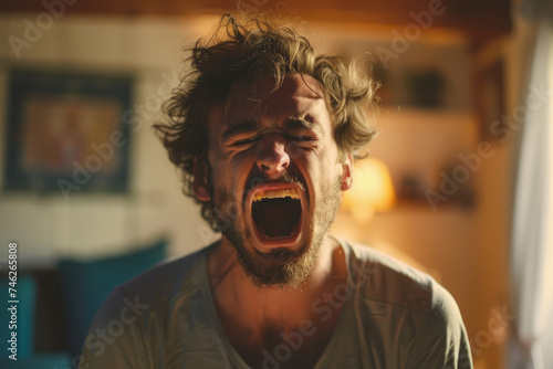 Portrait of crying young man crying and shouting with tantrum at home