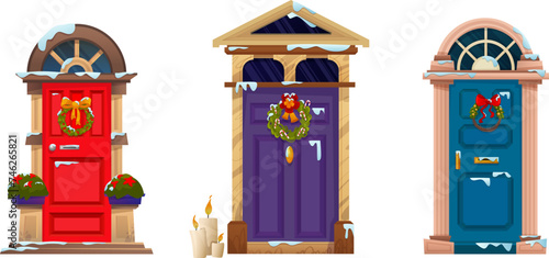 Close door decorated with Christmas traditional wreath made of green branches with berries, ribbons with bows and bells covered with snow. Cartoon vector set of winter xmas house entrance with garland