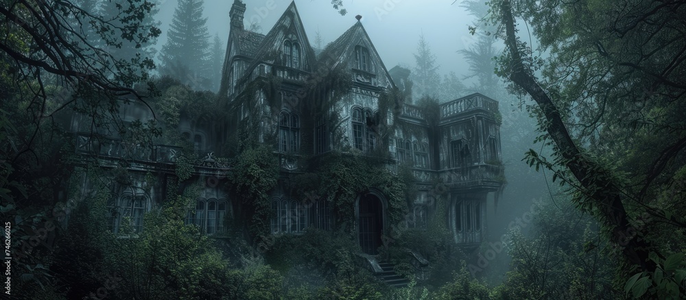 A photo featuring an eerie abandoned haunted house emerging from the depths of a dense forest.