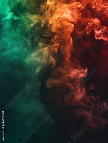 Multicolored smoke on dark background with red, green, and brown ink.
