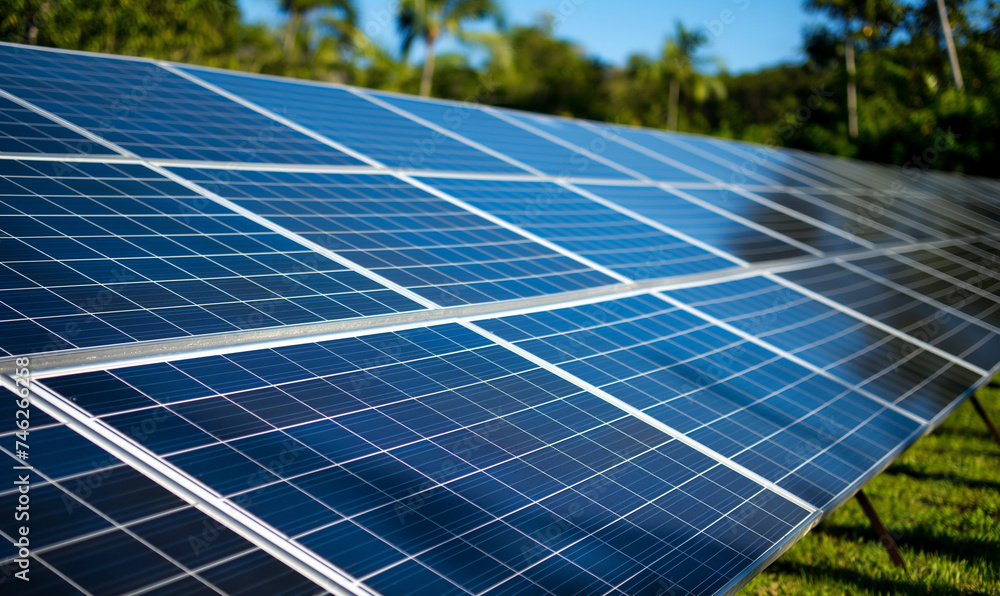 Modern solar panels sunset light. Concept eco green renewable energy. Generation AI Modern solar panels sunset light. Concept eco green renewable energy. Generation AI