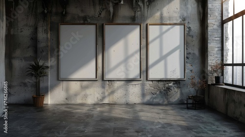 Three blank frames on a distressed concrete wall in a loft-style room with natural light. Ideal for art display concepts, interior design backgrounds.