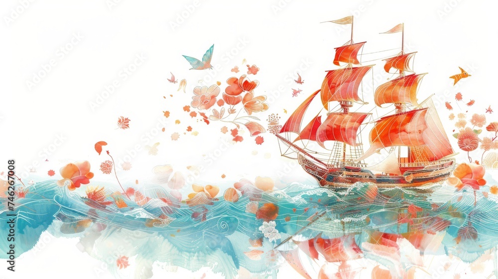 Watercolor painting of a red sailboat on the sea with seagulls and clouds, invoking themes of adventure and travel.
