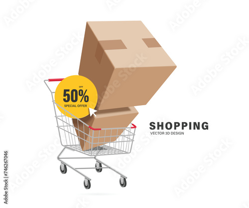 yellow circular promotional sign with the text special offer 50% off is placed in metal shopping cart along with large parcel or cardboard box, vector 3d isolated for promotion sale advertising design