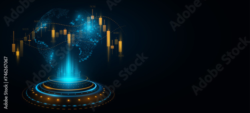 Global cryptocurrency stock market investment trading graph. Futuristic HUD circle with holographic earth globe. Business presentation. Vector illustration.