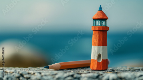 SPielzeug Leuchtturm in der Natur aufgestellt, Kreativität mit Bleistift daneben Generative AI photo