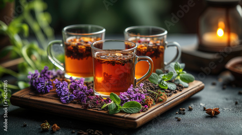 Herbal tea, wooden serving plate with teapot In the afternoon in the garden.