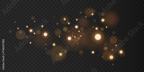Golden lights bokeh with abstract bright glares isolated on dark transparent background. Flare and glare effect. Vector illustration.