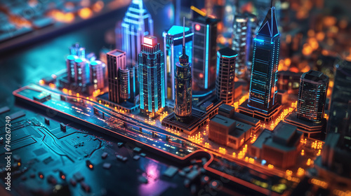 Zukunftsvision einer Metropole Stadt auf einer Computer Platine Stromfluss der Digitalisierung von Städten Generative AI
