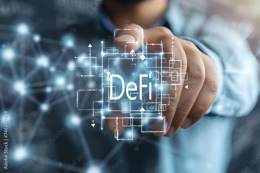 Digital cube with word “DeFi”, decentralized finance, financial services without the involvement of intermediaries, financial centers or banks Digital cube with word “DeFi”, decentralized finance, financial services without the involvement of intermediaries, financial centers or banks