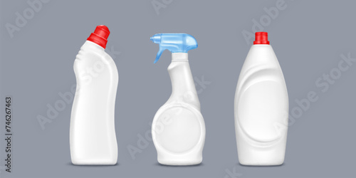 Mockup of bottle with gel or liquid detergent with lid and sprayer. Realistic 3d vector illustration set of blank white plastic container with household chemicals. Laundry and cleaning product package