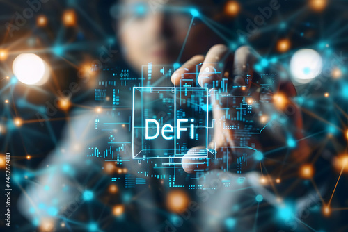 Digital cube with word “DeFi”, decentralized finance, financial services without the involvement of intermediaries, financial centers or banks