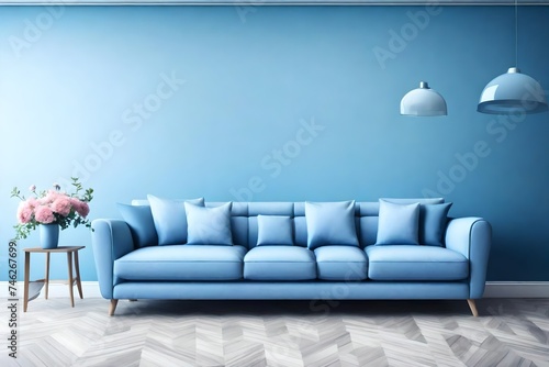 modern blue living design with sofa and furniture. Blurred bright living room with sofa and flowers. wide panoramause for background